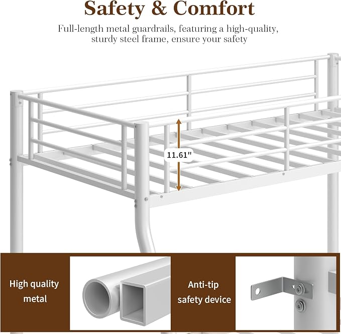 Metal Twin Over Full Bunk Bed丨 Bunk Beds Twin Over Full Size with Ladder | Heavy Duty Bunk Bed for Adults, Metal Bunk Bed for Dorm, Bedroom, Apartment, 440 lbs Capacity,No Box Spring Needed (White)