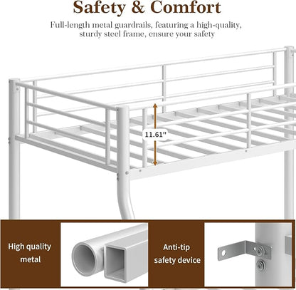 Metal Twin Over Full Bunk Bed丨 Bunk Beds Twin Over Full Size with Ladder | Heavy Duty Bunk Bed for Adults, Metal Bunk Bed for Dorm, Bedroom, Apartment, 440 lbs Capacity,No Box Spring Needed (White)