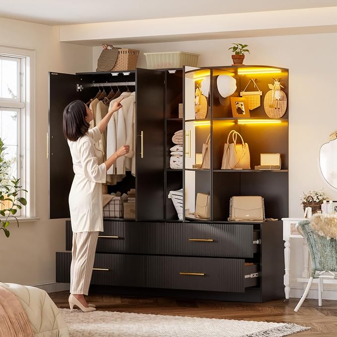 PAKASEPT 3 Door Armoire Wardrobe Closet, 70.87" H Bedroom Armoires with Drawers, Mirror, LED Light, Hanging Rod, Side Hooks, Large Capacity Storage Wardrobe Armoire for Bedroom (Black)