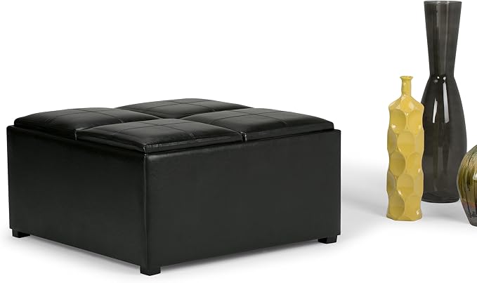 SIMPLIHOME Avalon Wide Contemporary Square Coffee Table Storage Ottoman, Midnight Black, Table Ottoman