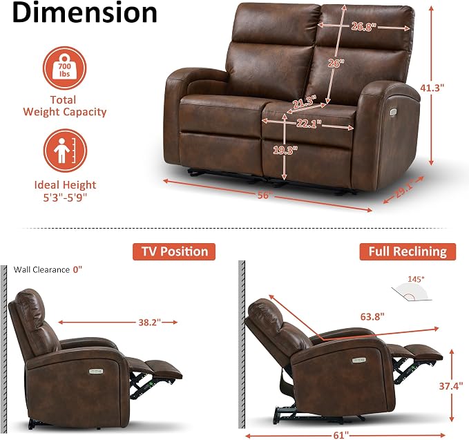 MCombo Zero Wall Recliner Loveseat, 2-Seat Power Wall Hugger Sofa with USB & Type-C Dual Ports, for Small Space, Living Room, RV PR646 (Dark Brown, Loveseat)