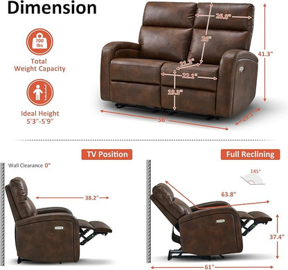 MCombo Zero Wall Recliner Loveseat, 2-Seat Power Wall Hugger Sofa with USB & Type-C Dual Ports, for Small Space, Living Room, RV PR646 (Dark Brown, Loveseat)