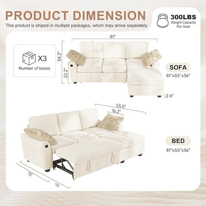 Hanherry 81" Sectional Couch with Pull Out Sofa Bed,Chenille Sleeper Sofa with Storage Ottoman & USB Charging,Comfy L Shaped Modular Couches for Living Room,Apartment