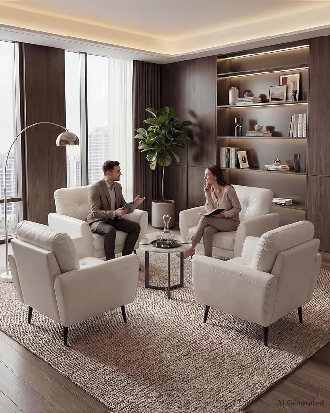 TYBOATLE Accent Chairs Set of 2, Comfy Modern Living Room Chair White Faux Leather Reading Accent Chairs Tufted Mid Century Arm Chair Small Salon Chairs for Office Bedroom (2, White)