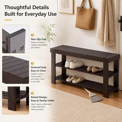 Shoe Rack Bench, 3-Tier Shoe Storage Organizer for Entryway , Shoe Shelf for Small Spaces, Multi-Functional Side Table Plant Stand, Shoe Stand for Bedroom, Living Room, Closet, Front Door, Brown