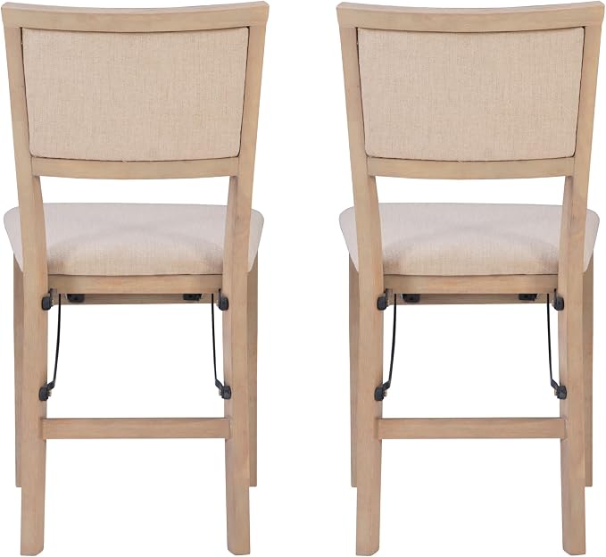 Linon Keira Natural Rustic Wooden Folding Chair with Beige Upholstered Seat and Back Set of 2