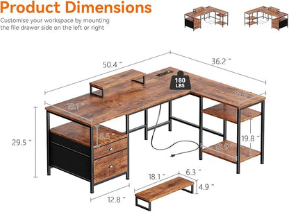 Furologee L Shaped Computer Desk with Power Outlet, Reversible Home Office Desk for Work Study, 50 Inch Corner Gaming Table with File Drawer, Monitor Stand, Storage Shelves, Rustic Brown