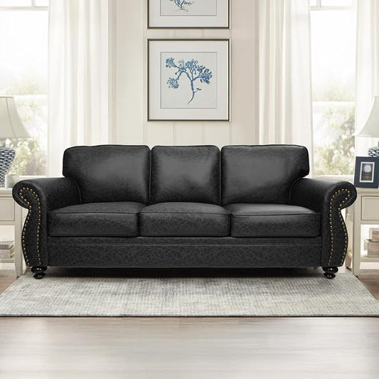 Couchus Mid-Century Vintage Sofa Couches with Rivet Design,3-Seater Sofa,Removable Sofa Cover Upholstered Cushions and Solid Wood Frame (Grey, 3-Seater)