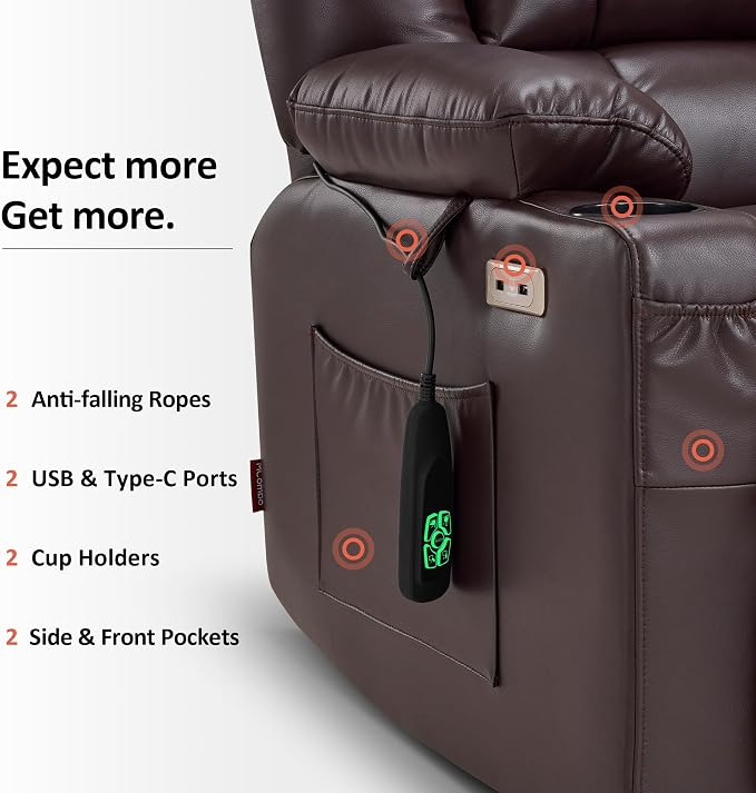 MCombo Dual Motor Power Lift Recliner Chair for Elderly, Lay Flat Lift Chair with Heat and Massage, Oversized Lift Recliner for Big and Tall, Faux Leather R7891 (Dark Brown, Large-Wide)