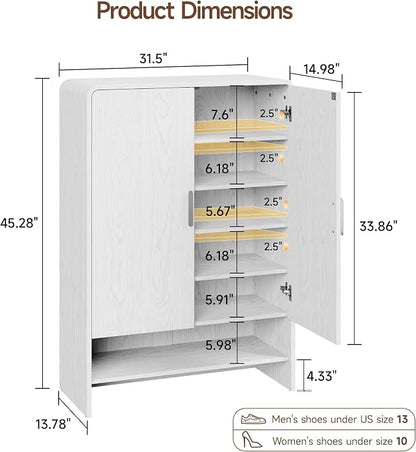 ONBRILL 6-Tier Shoe Storage Cabinet, 45'' Large Farmhouse Shoe Cabinet for Entryway, Modern Wooden Shoe Rack Organizer with Doors and Shelves, for Front Door Hallway (White)