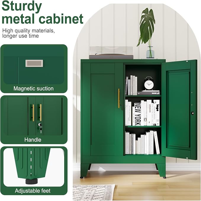 Green Metal Storage Cabinet, 36" Tall Locking Storage Cabinet, 12”D | with 2 Adjustable Shelves, Steel Locker Organizer, Metal Freestanding Buffet Cupboards Sideboard for Office, Home, School,2PS