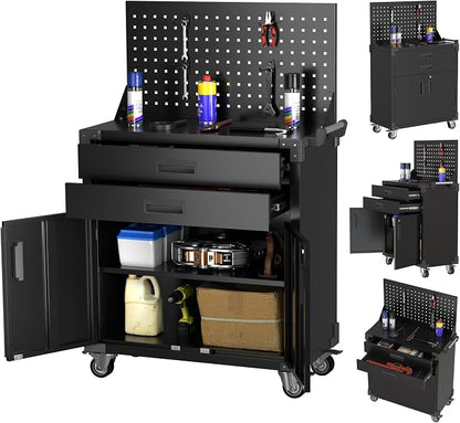 SUXXAN Rolling Tool Organizer Cart with Drawers and Locking Storage Cabinet, Heavy Duty Metal Service Utility Cart with Side Pegboard & Adjustable Shelf for Garage, Workshop, Black 52" H