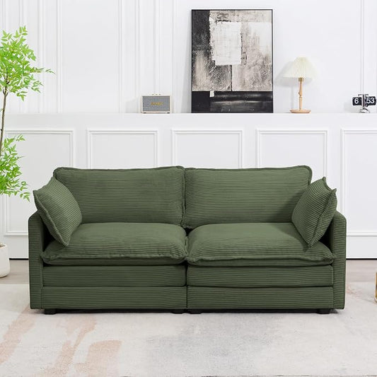 ROWHY Sectional 2 Seat Cloud Loveseat with 2 Throw Pillows, Modern Corduroy Love Seat Sleeper Bed, Convertible Cozy Sofa for Living Room and Office, Green