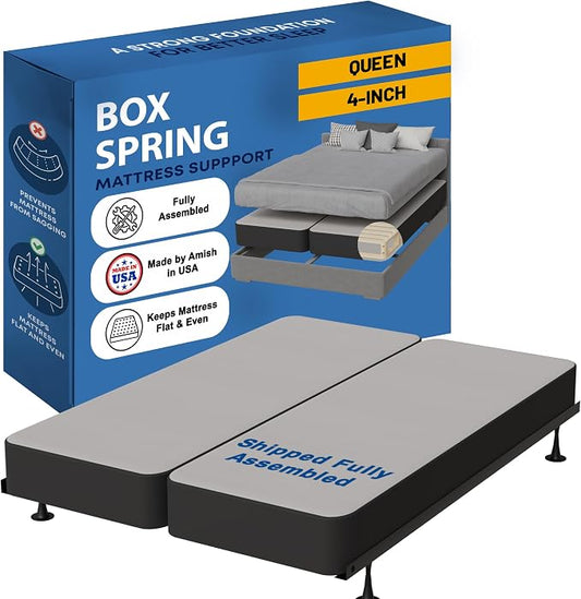 Greaton, Box Spring Bed Base Queen Size, 4-Inch Wood Mattress Foundation – Amish Made in USA – Quiet Noise Free, 2-Pieces Under Mattress-Support BoxSpring, Fully Assembled, Gray