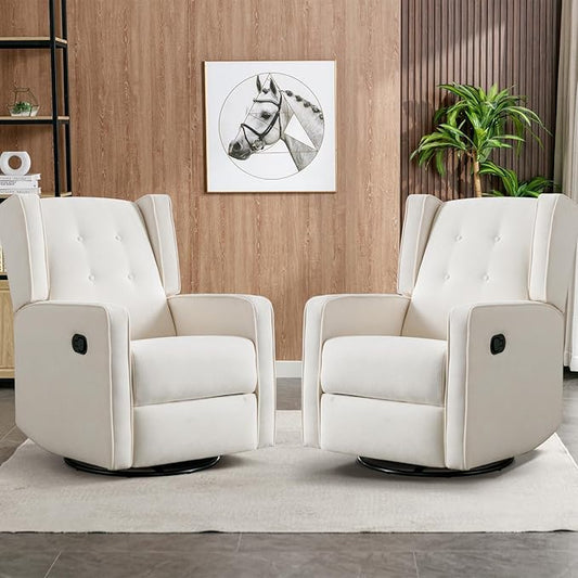CANMOV Swivel Rocker Recliner Chair Set of 2, Nursery Glider Chair, Nursery Rocking Chairs, Manual Reclining Chair, White