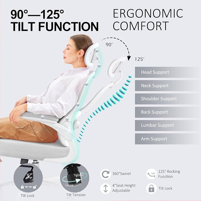Ergonomic Office Chair,Ultra Thick Spring Cushion Desk Chair,Grey | Adjustable Lumbar Support and Headrest,Flip-up Arms,Rocking Function,Mesh Home Office Computer Chair