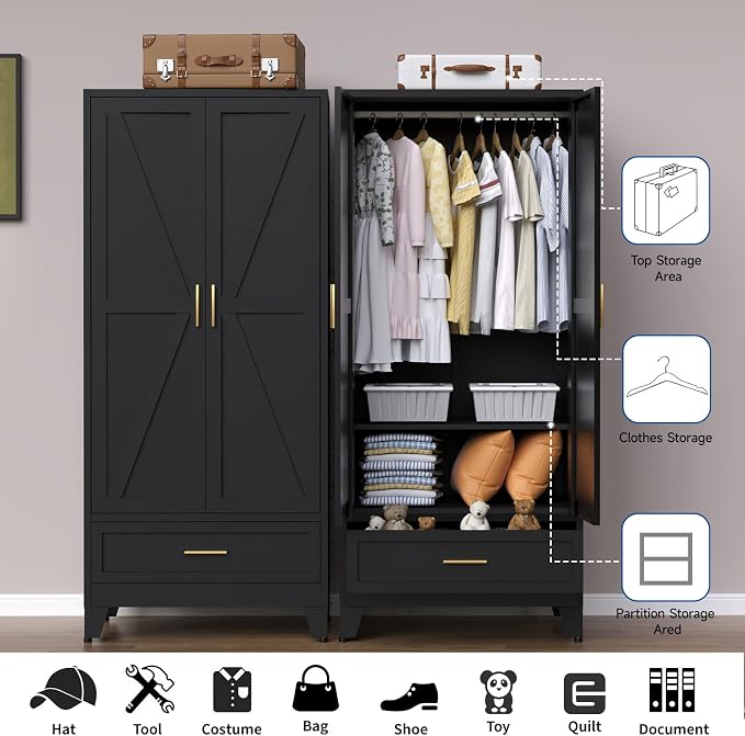 Steel Armoire Wardrobe Closet, 71" Metal Clothing Storage Cabinets with 2 Doors, 1 Drawer and Adjustable Shelves, Black Wardrobe Cabinet with Hanging Rod for Bedroom, Gym