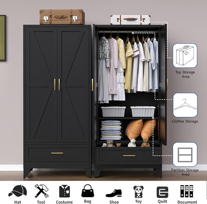 Steel Armoire Wardrobe Closet, 71" Metal Clothing Storage Cabinets with 2 Doors, 1 Drawer and Adjustable Shelves, Black Wardrobe Cabinet with Hanging Rod for Bedroom, Gym