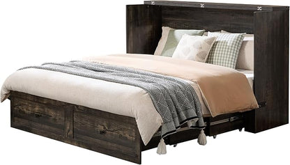 LUXOAK Queen Murphy Bed with Storage and Charging Station, Farmhouse Cabinet Bed, Noise-Free, for Guest Room, Apartment, or Office, Black Oak