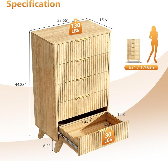 VINGLI Fluted Tall Dresser 5 Drawer, 23.66" W Chest of Drawers, Oak Wood Dresser for Bedroom Mid Century Modern with Rounded Edge, 23.66" W*15.6" D*44.88" H