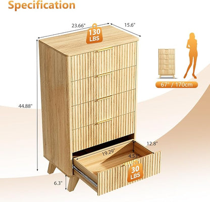VINGLI Fluted Tall Dresser 5 Drawer, 23.66" W Chest of Drawers, Oak Wood Dresser for Bedroom Mid Century Modern with Rounded Edge, 23.66" W*15.6" D*44.88" H
