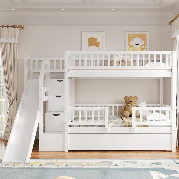 RUNNA Twin Over Twin Bunk Bed with Slide,Trundle,Storage Stairs,White | Twin over twin bunk bed with slide, trundle, storage stairs,solid pine wood frame,guardrails no box spring needed,White
