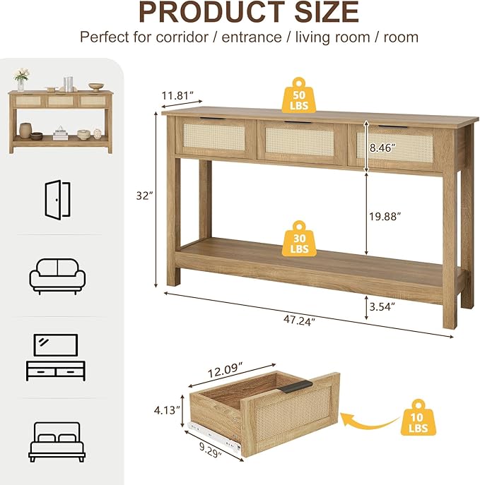Luoxiao Rattan Console Table 3-Drawer 47" Narrow Wood Entryway Sofa Table | Trendy Boho Hallway Foyer Storage, Open Shelf, Sturdy Entry Table for Living Room, Couch, Easy Assembly, Anti-Tip, Natural