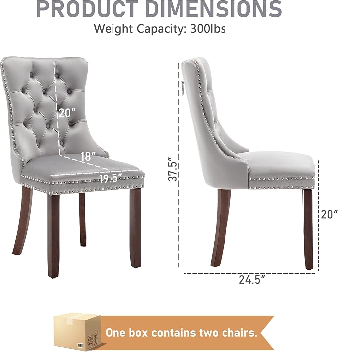 Mid Century Modern Dining Chair Set of 2 Velvet Upholstered Dining Accent Chair Farmhouse Dining Chairs with High Back and Nailhead Trim for Kitchen, Living Room, Bedroom (Light Gray)