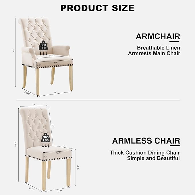 AODCHR Dining Chairs with Arms Set of 6, Upholstered Fabric Accent Dining Chair Set of 6, Elegant Tufted Dining Room Chair, Kitchen Room 2 Arm Chair with 4 Armless Chairs, Beige