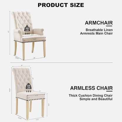 AODCHR Dining Chairs with Arms Set of 6, Upholstered Fabric Accent Dining Chair Set of 6, Elegant Tufted Dining Room Chair, Kitchen Room 2 Arm Chair with 4 Armless Chairs, Beige
