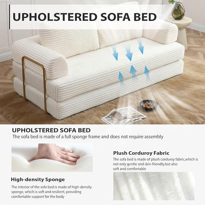 HANXIN 80 Inch Convertible Sleeper Sofa Bed, High Back Plush Corduroy Folding Floor Mattress Couch with Fixed-Shape Frame, Boneless Futon Loveseat with Pull Out Bed, No Assembly Required (Beige)