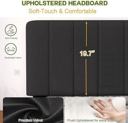 King Size Bed Frame with Velvet Upholstered Platform Bed and Wooden Slats Support, Adjustable Height Headboard/No Box Spring Needed/Easy Assembly/Mattress Foundation, Black