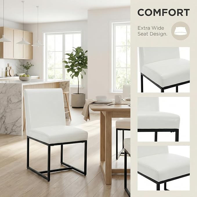 VESCASA Faux Leather Upholstered Dining Chairs with Black Metal Frame, Mid Century Modern Padded Kitchen Chair with Adjustable Foot Pads for Restaurant, Dining Room, Set of 2, White
