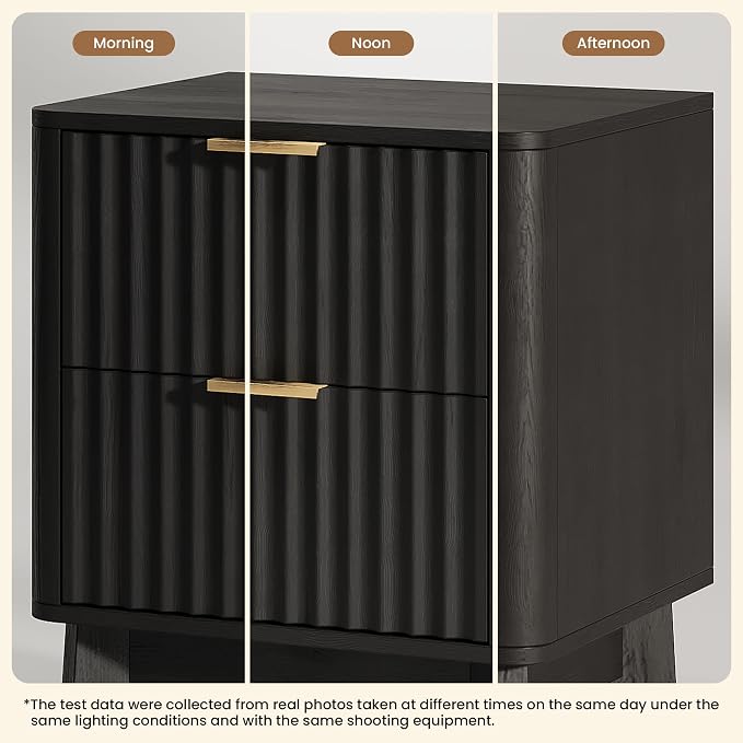 Fluted Nightstand Set of 2, Modern End Table with Metal Handle,2 Storage Drawers Side Table,Bedside Table for Bedroom,Wood Nightstands,Curved Profile Design Furnitue, Black