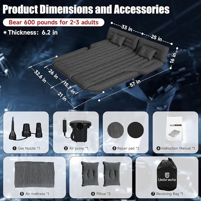 Inflatable SUV Air Mattress Bed, Double-Sided Flocking Travel Camping Bed with Air Pump and 2 Pillows for Universal SUV