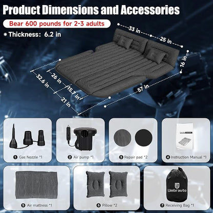 Inflatable SUV Air Mattress Bed, Double-Sided Flocking Travel Camping Bed with Air Pump and 2 Pillows for Universal SUV