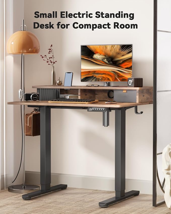 JOY worker Small Electric Standing Desk, 35" x 25" Height Adjustable Desk with Built-in Monitor Stand & Storage Drawer, Sit Stand Desk with 2 Hooks for Home Office, Rustic Brown
