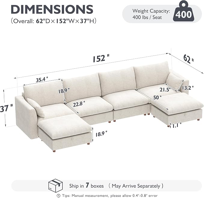 Ihanherry 152" Oversized Modular Sectional Sofa, Modern U Shaped Cloud Couch with 2 Storage Ottoman, 6-Seat Comfy Chenille Deep Seat Sofa with 2 Pillows for Living Room, Beige
