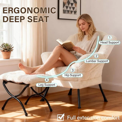 Welnow Lazy Chair with Ottoman, Modern Accent Chair with Armrests and a Side Pocket, Leisure Sofa Armchair, Reading Armchair with Footrest for Small Space, Plush Beige