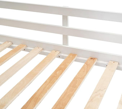 YOPTO Wood Twin Size House Bunk Bed with Roof, Ladder and Slide,Bedroom Low Loft Bed Frame,W/Guardrail,No Box Spring Needed,for Kids,Teens,Girls,Boys White+Brown