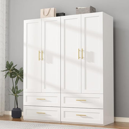 Armoire Wardrobe Closet with Drawers: 75" White Wardrobe Closet with 4 Doors and 4 Drawers, Wood Armoire Closets Cabinet for Hanging Clothes, Bedroom Armoires with Hanging Rod (63")