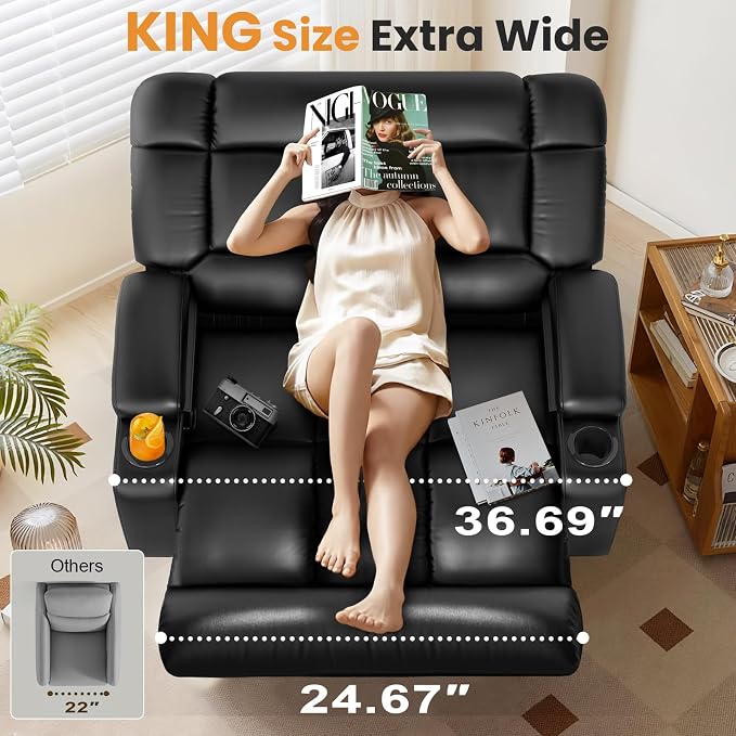 Oversized Recliner Chair with Massage & Heat, Extra Wide Seat Reclining Chair with Storage Side Pockets & Cup Holders, Clearance Big Man Recliners, Comfortable Manual Faux Leather King Chairs