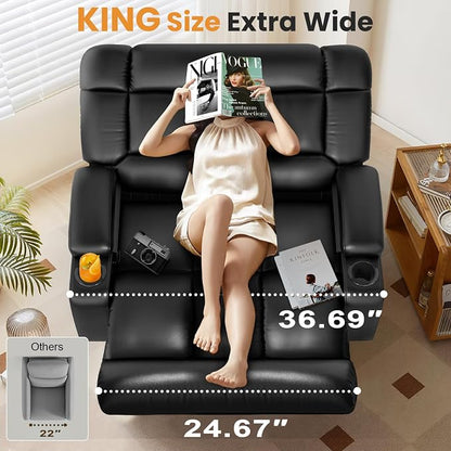 Oversized Recliner Chair with Massage & Heat, Extra Wide Seat Reclining Chair with Storage Side Pockets & Cup Holders, Clearance Big Man Recliners, Comfortable Manual Faux Leather King Chairs