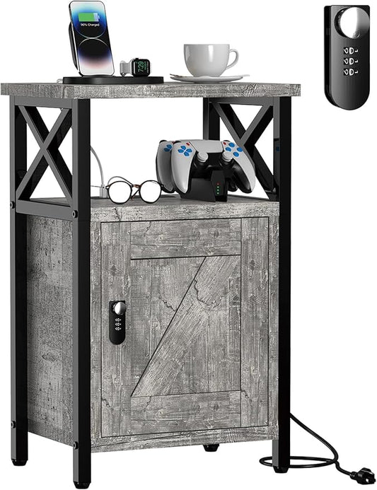 runjuly Wooden Nightstand with Lock, Bed Side Table with Drawers, Bedside Table with Charging Station, 3 USB & 2 Outlets, Night Stand with Cabinet Storage, End Tables for Bedroom, Ash Grey