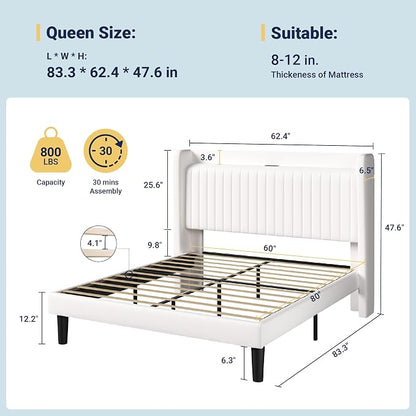 Allewie Queen Size Platform Bed Frame with USB Charging Station and Storage Shelf/Upholstered Velvet Wingback Headboard/Wooden Slats Support/No Box Spring Needed/Easy Assembly, White