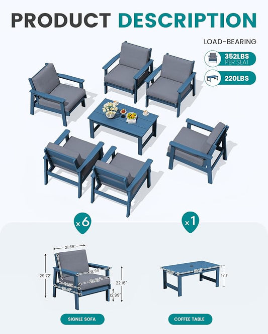 SERWALL HDPE Outdoor Furniture Set, 7 Piece All Weather Wood-Like Outdoor Sofa Sectional Couch, Blue Patio Furniture Set with Grey Cushions