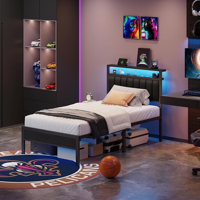 Furnulem Twin Size Bed Frame with Charging Station and LED Lights, Platform Bed with Metal Slats, Grey Upholstered Headboard with 2-Tier Storage Shelves, No Box Spring Needed