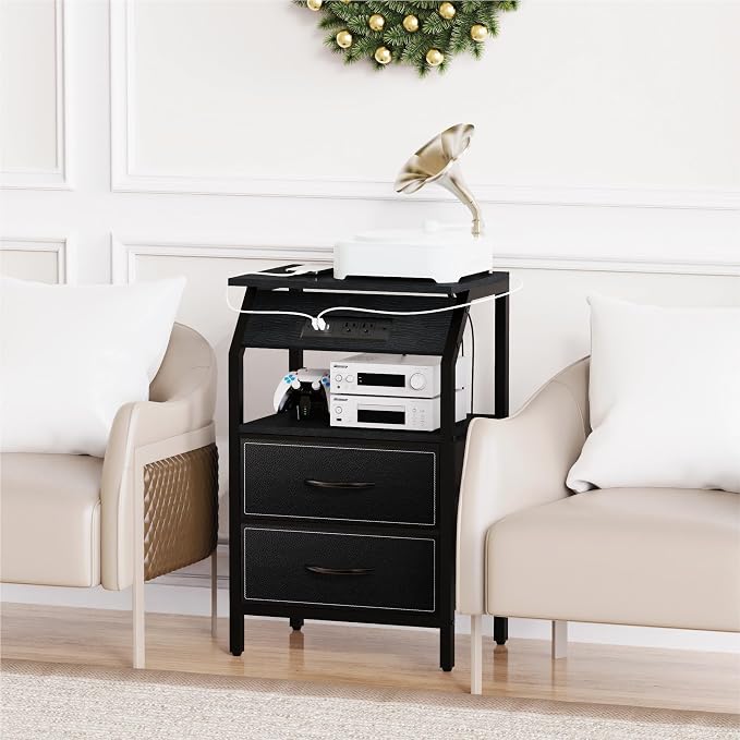 SZLHANJZ End Table with Light, LED Nightstand with 2 Drawers and Type C Charging Station, Small Fabric Night Stand for Bedside, Storage Side Table for Living Room, Dorm, Black