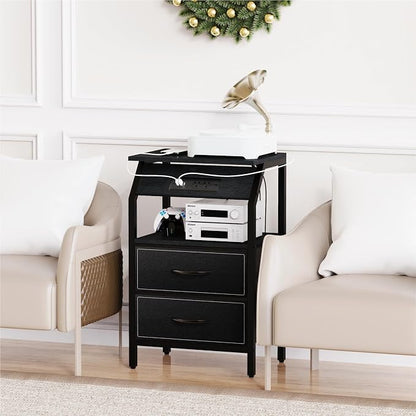 SZLHANJZ End Table with Light, LED Nightstand with 2 Drawers and Type C Charging Station, Small Fabric Night Stand for Bedside, Storage Side Table for Living Room, Dorm, Black