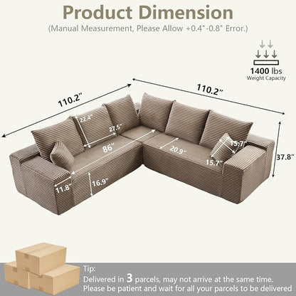 Sectional Cloud Couch for Living Room, Modern Modular Floor Deep-Seat Sofa, Upholstered L Shaped Sofas, Big Comfy Corduroy Couches Set for Living Room Bedroom, No Assembly Required, Camel